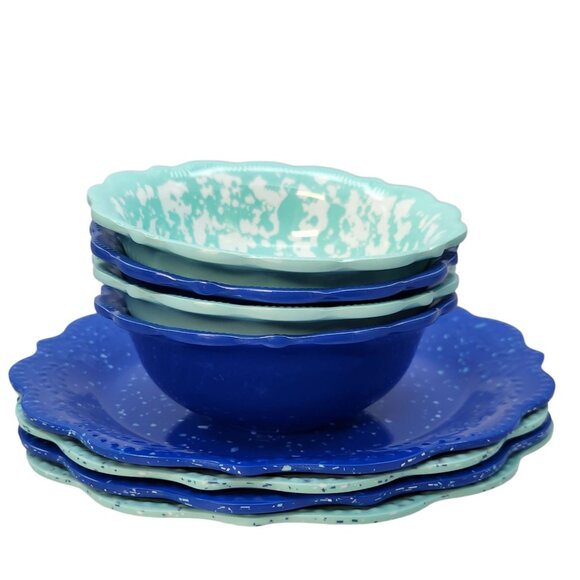 Pioneer Woman 4 Lunch/Salad Plates 4 Bowls Splatter Print Blue and Teal - Picture 1 of 6